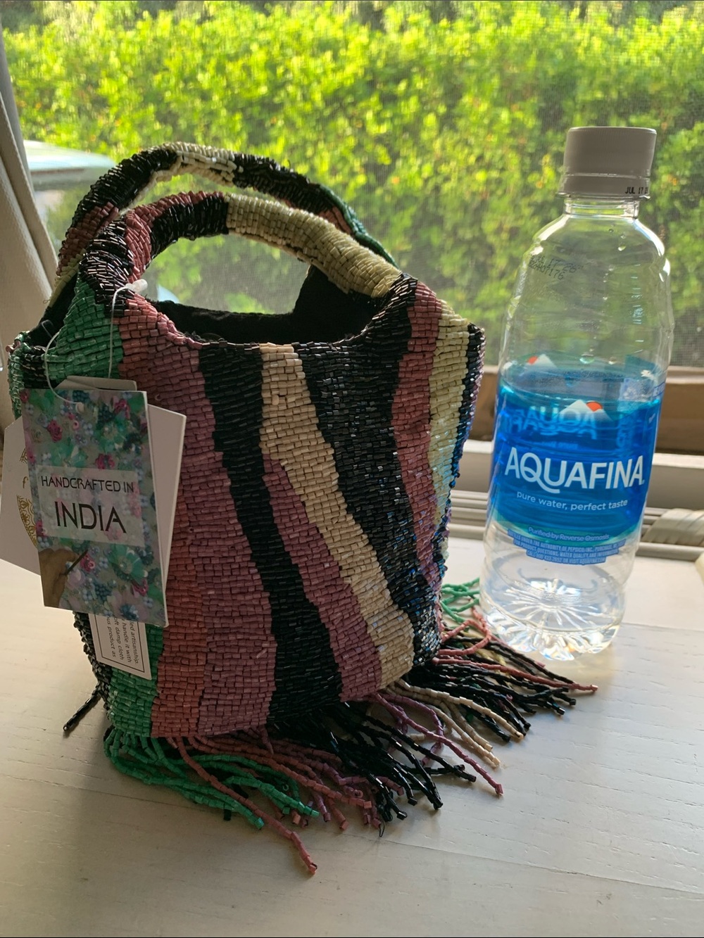 Handcrafted Beaded Mini Tote in Pink, Green & Cream - Picture 6 of 6